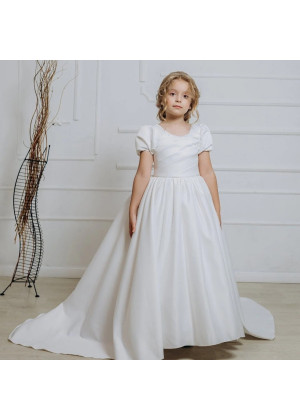Short Sleeves Ivory Pleated Satin Flower Girl Dress